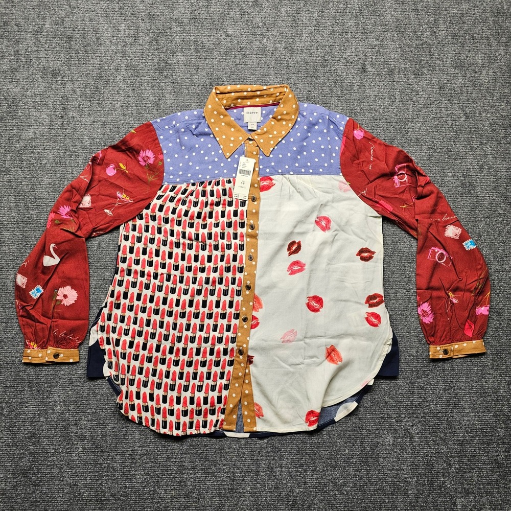 Maeve Anthropologie Mixed Print Patchwork Lipstick Lips Shirt Petite Small NWT